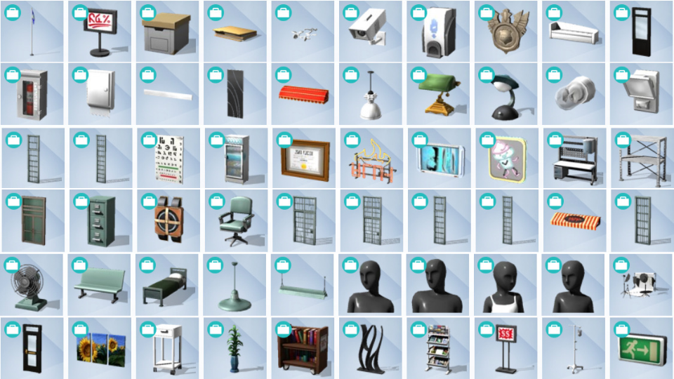Medical equipment, signage, science lab objects, and clinic furniture in The Sims 4: Get to Work