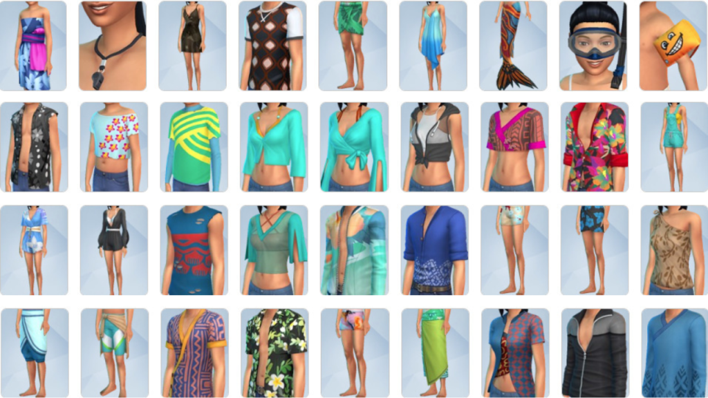 Sims 4 Island Living CAS Items Part 2 – Casual tops, dresses, tropical shirts, and accessories