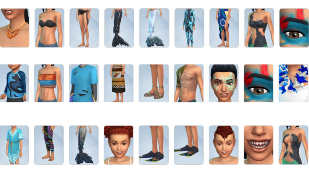 Sims 4 Island Living CAS Items Part 4 – Mermaid tails, body markings, kidswear, and special eyes