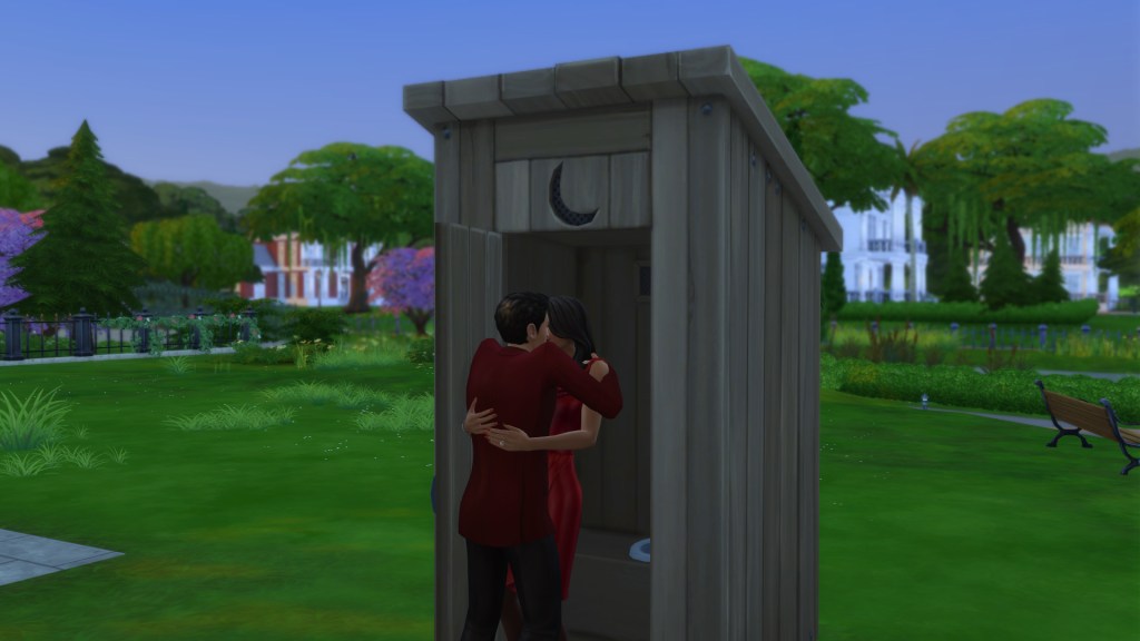 Two Sims kissing in front of the Wooden Throne toilet before WooHooing in The Sims 4.