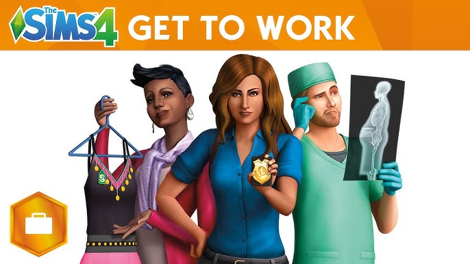Four Sims in professional outfits from The Sims 4: Get to Work, representing careers in fashion retail, law enforcement, and medicine.