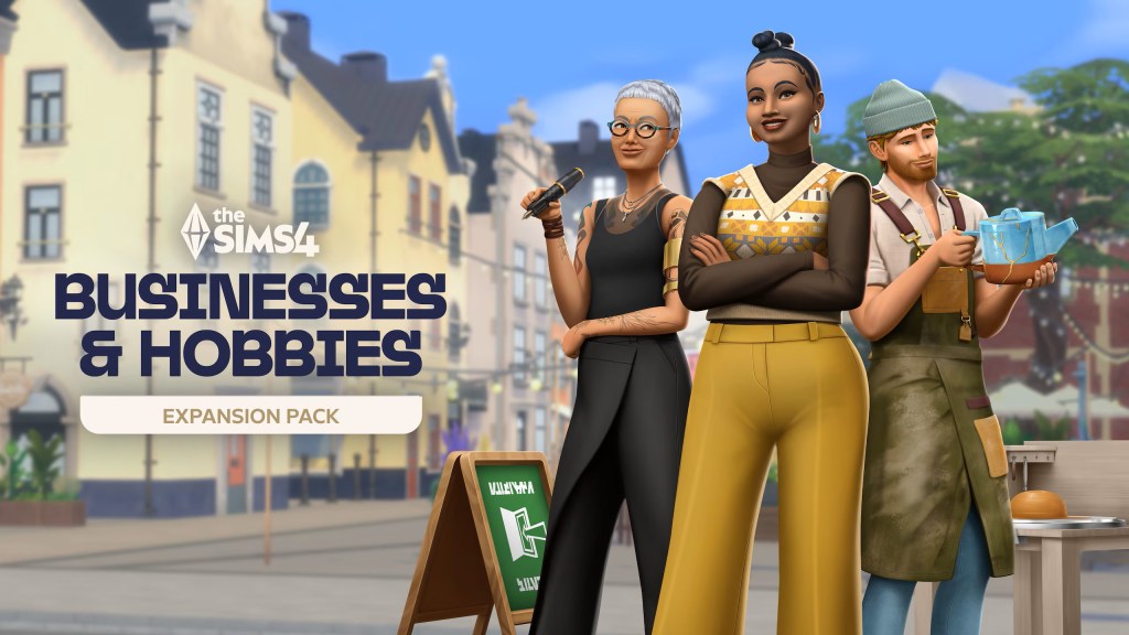 The Sims 4 Business & Hobbies expansion pack artwork featuring Sims running different types of businesses, showcasing retail, hobbies, and creative activities.