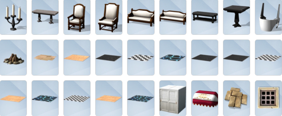 Sims 4 Get Together Build and Buy Mode items including Tudor architecture, café furniture, and decorative clutter.