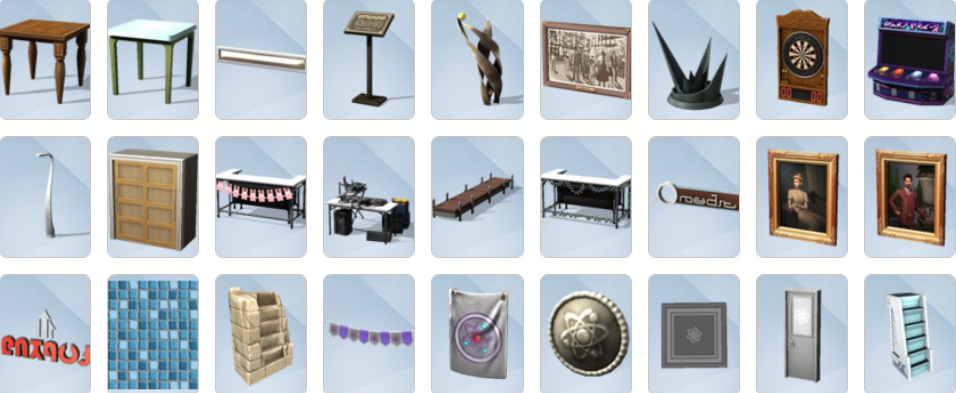 Sims 4 Get Together Build and Buy Mode items including Tudor architecture, café furniture, and decorative clutter.