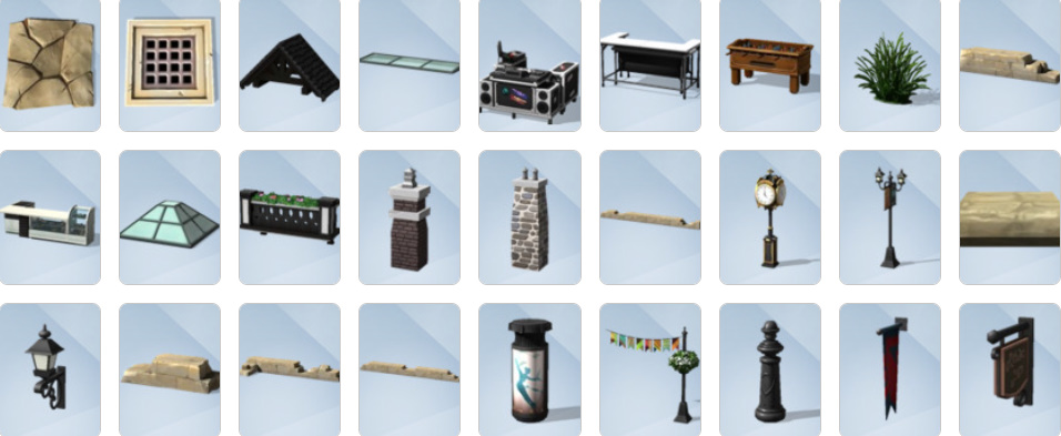 Sims 4 Get Together Build and Buy Mode items including Tudor architecture, café furniture, and decorative clutter.