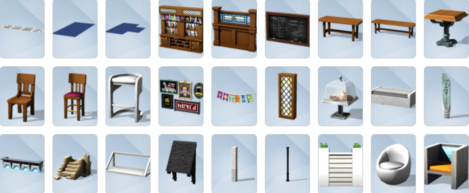Sims 4 Get Together Build and Buy Mode items including Tudor architecture, café furniture, and decorative clutter.