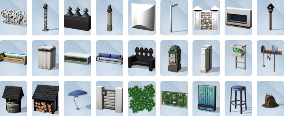 Sims 4 Get Together Build and Buy Mode items including Tudor architecture, café furniture, and decorative clutter.