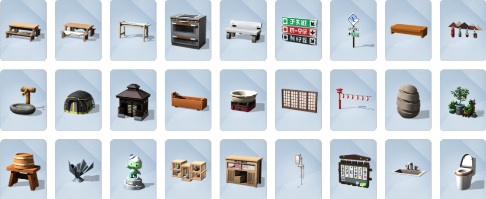 Festival-themed decorative items and vendor signage from Snowy Escape, including lanterns, Daruma dolls, signs, vending machines, and plates.