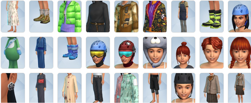 Various Sims 4 clothing items from Snowy Escape, including cold-weather boots, coats, and layered outfits.