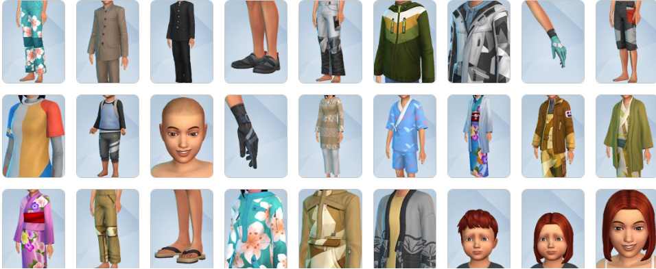 Assorted Sims outfits from The Sims 4: Snowy Escape, including modern and traditional Japanese clothing styles.