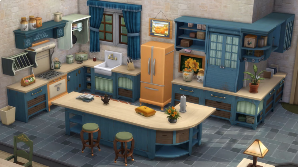A rustic Sims 4 kitchen built with Country Kitchen Kit items.