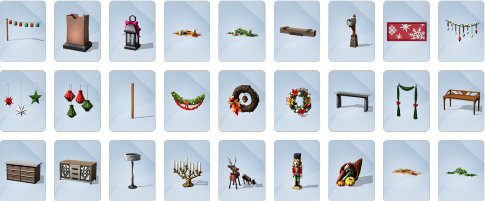 Build and Buy items from The Sims 4: Seasons, including a bee box, flower arranging table, seasonal decor, and a backyard swing set.