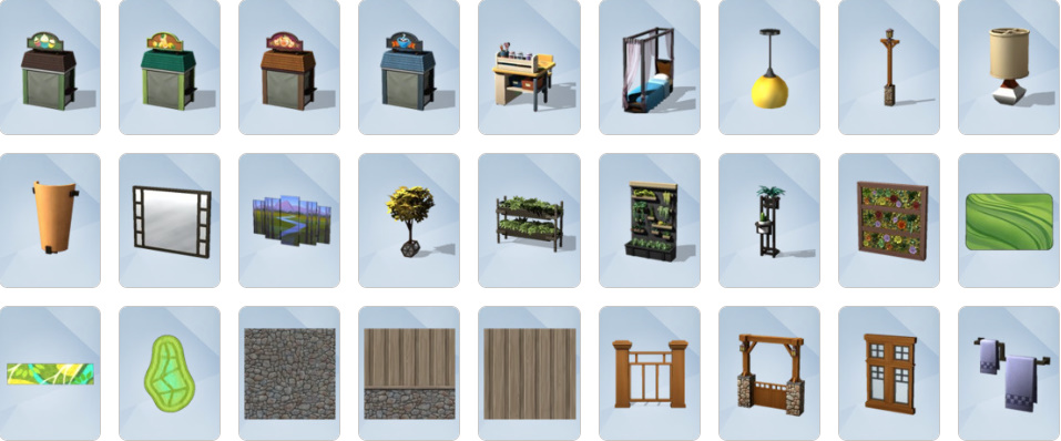 Build and Buy items from The Sims 4: Seasons, including a bee box, flower arranging table, seasonal decor, and a backyard swing set.