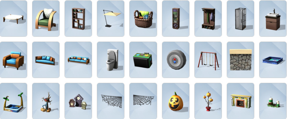 Build and Buy items from The Sims 4: Seasons, including a bee box, flower arranging table, seasonal decor, and a backyard swing set.