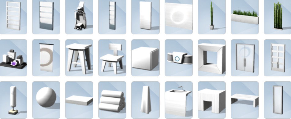 Massage chairs, yoga mats, saunas, fountains, and spa décor from The Sims 4: Spa Day Build/Buy catalogue.
