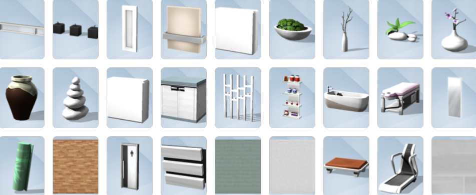 Massage chairs, yoga mats, saunas, fountains, and spa décor from The Sims 4: Spa Day Build/Buy catalogue.