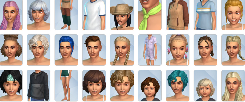Child and adult Sims in campwear and activewear beside a modular playground and archery target.