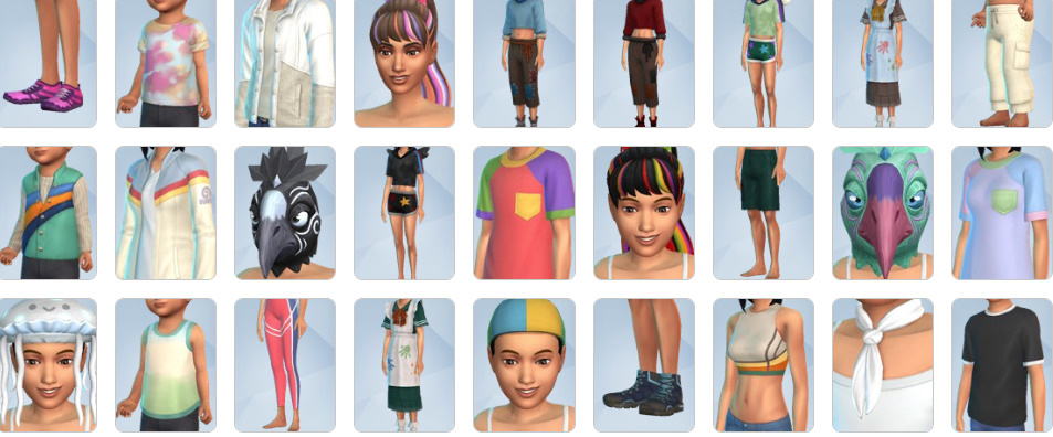 Child and adult Sims in campwear and activewear beside a modular playground and archery target.
