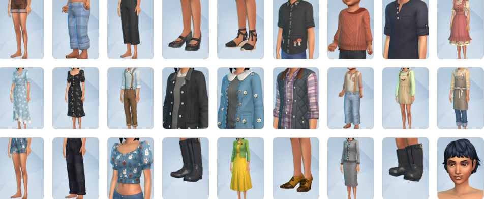 Cottage-core outfits and hairstyles including aprons, knitwear, flat caps, and braids.