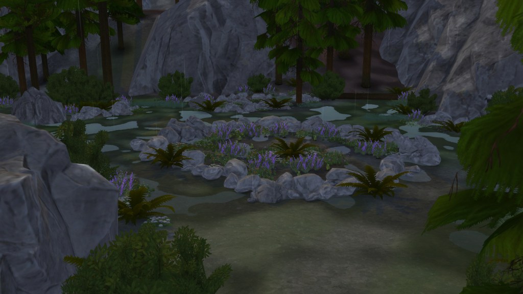 A Sim harvesting wild herbs while Will-o-the-Wisp insects glow near the trees.