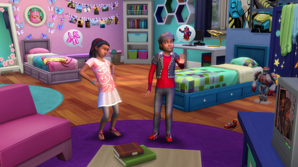 Two child Sims playing in a colourful bedroom with toys.