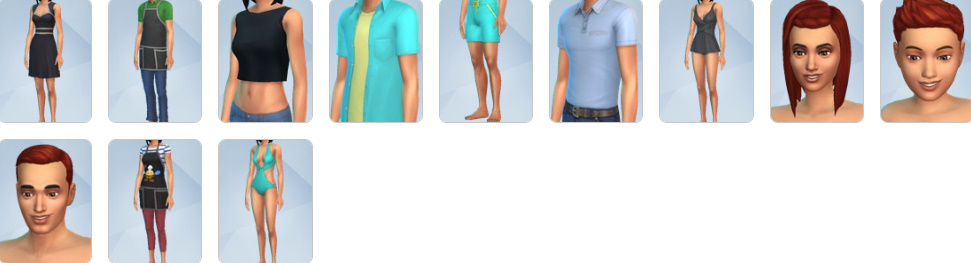 Sims wearing swimwear, sundresses, and summer accessories.