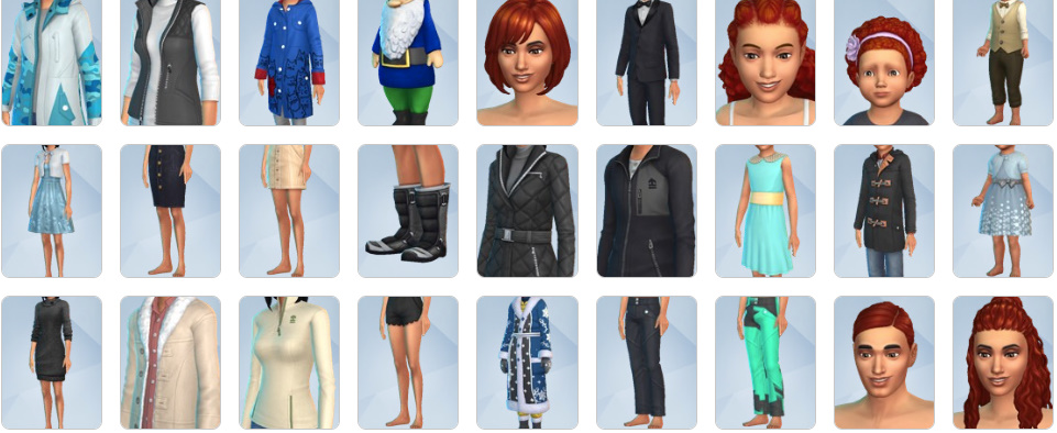 Sims wearing seasonal clothing including raincoats, scarves, sun hats, and cold-weather outfits from The Sims 4: Seasons expansion pack.