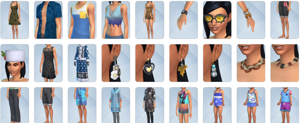 Sims wearing seasonal clothing including raincoats, scarves, sun hats, and cold-weather outfits from The Sims 4: Seasons expansion pack.