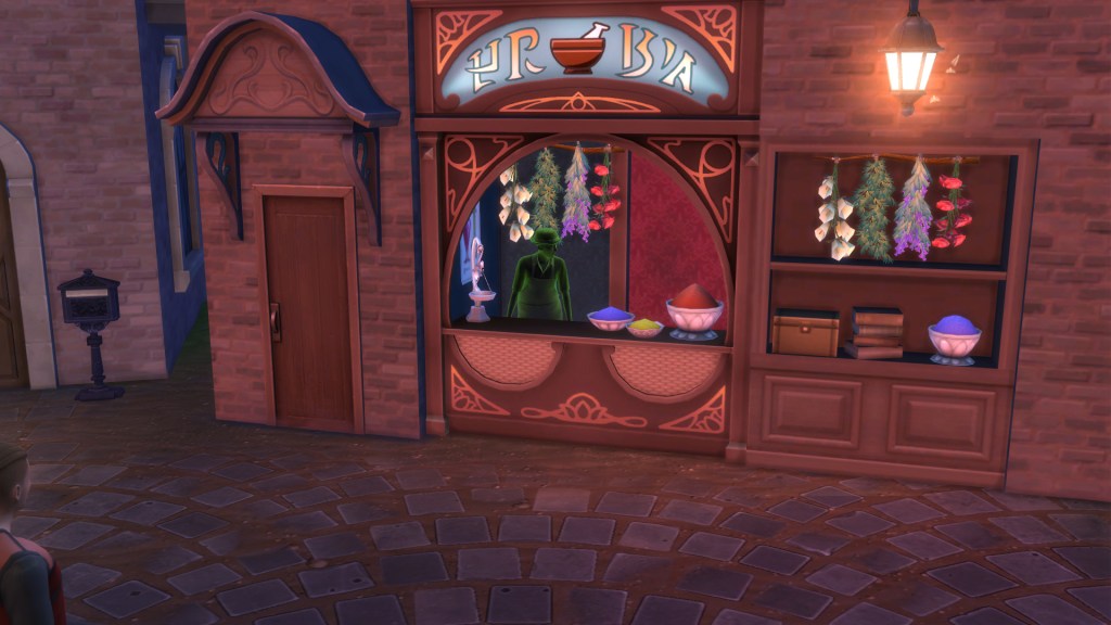 A Sim buying a familiar orb at a Casters Alley stall.