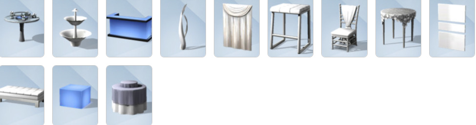 Build/Buy objects from Luxury Party Stuff, including buffet tables, a food fountain, and modern furniture.