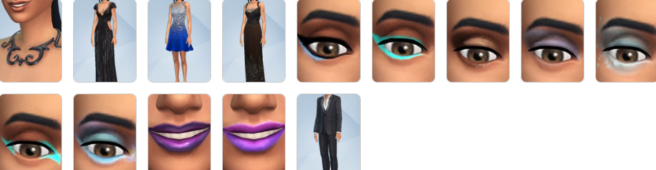 Sims wearing formal dresses and sharp suits from Luxury Party Stuff.