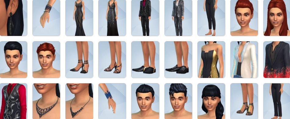 Sims wearing formal dresses and sharp suits from Luxury Party Stuff.