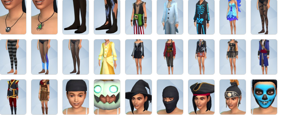 Sims dressed as witches, skeletons, and pirates from Spooky Stuff.