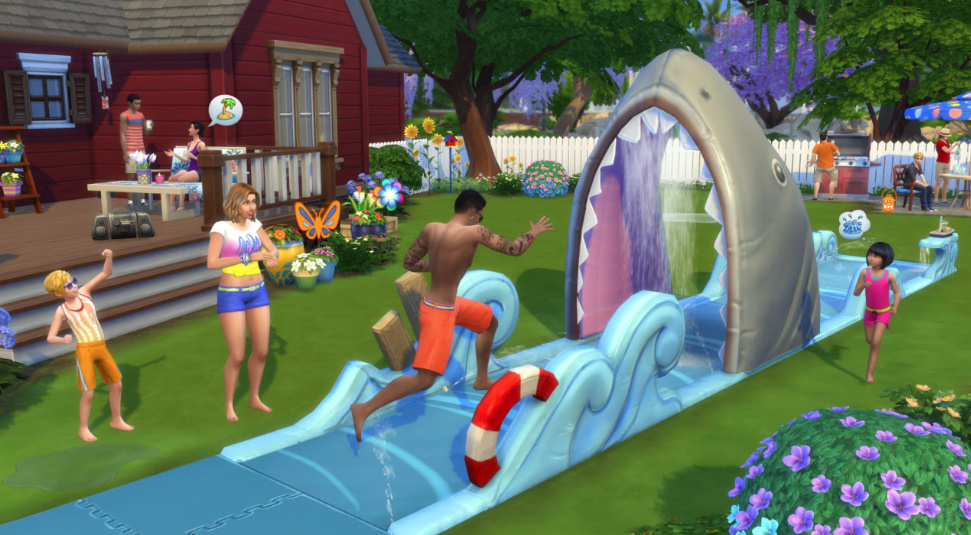 Sims lounging in hammocks and playing on a swing set in a garden.