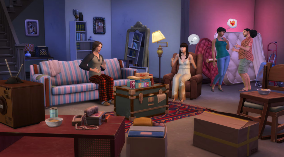Sims’ home decorated with worn furniture and clutter from Basement Treasures Kit.