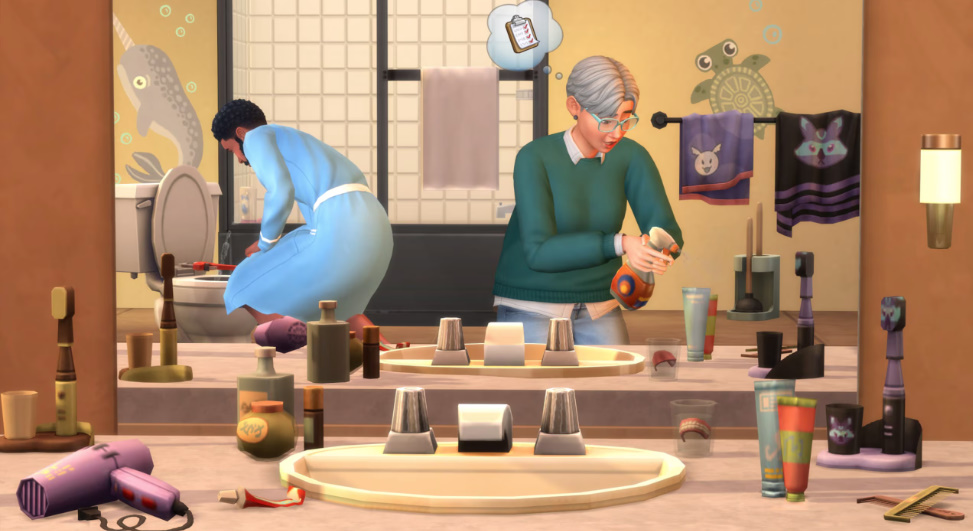 Sims bathrooms decorated with clutter items like towels, razors, and baskets.