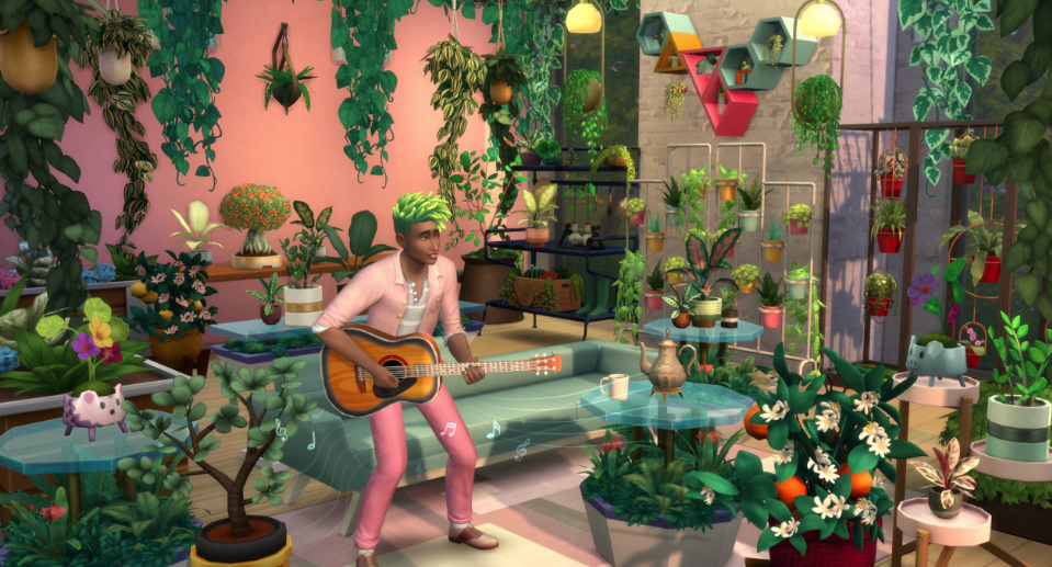 Sims 4 living space filled with Blooming Rooms Kit greenery.