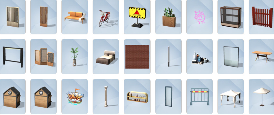 Build/Buy items from The Sims 4 Businesses & Hobbies including tattoo chairs, pottery wheels, bicycles, and modern Scandinavian décor.
