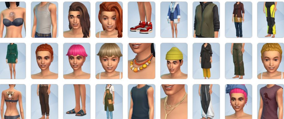 Create-a-Sim options from The Sims 4 Businesses & Hobbies including new hairstyles, trench coats, casual outfits, and tattoo designs.
