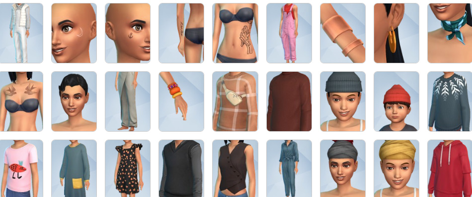 Create-a-Sim options from The Sims 4 Businesses & Hobbies including new hairstyles, trench coats, casual outfits, and tattoo designs.