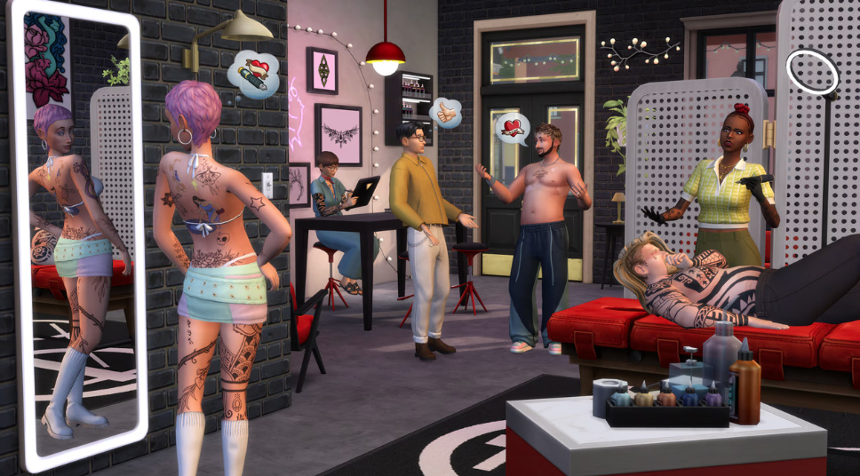 Sims in Nordhaven running small businesses including a tattoo parlour, pottery studio, and café.