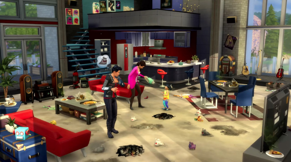 Sims vacuuming in a dusty home with Dust Bunnies hopping around.