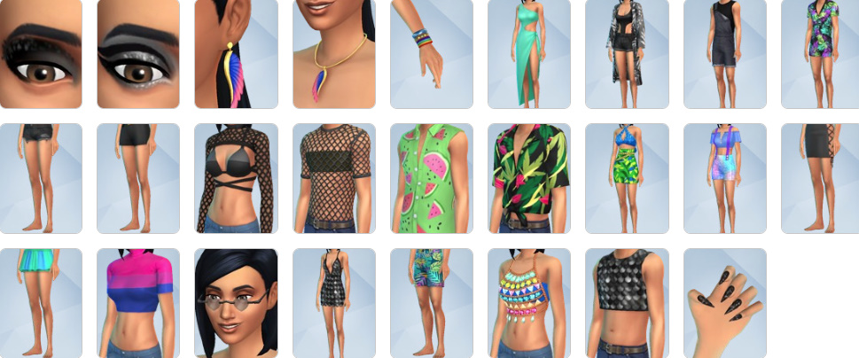 Sims styled in bold, colourful Carnival Streetwear clothing with sequins, mesh, and patterns.