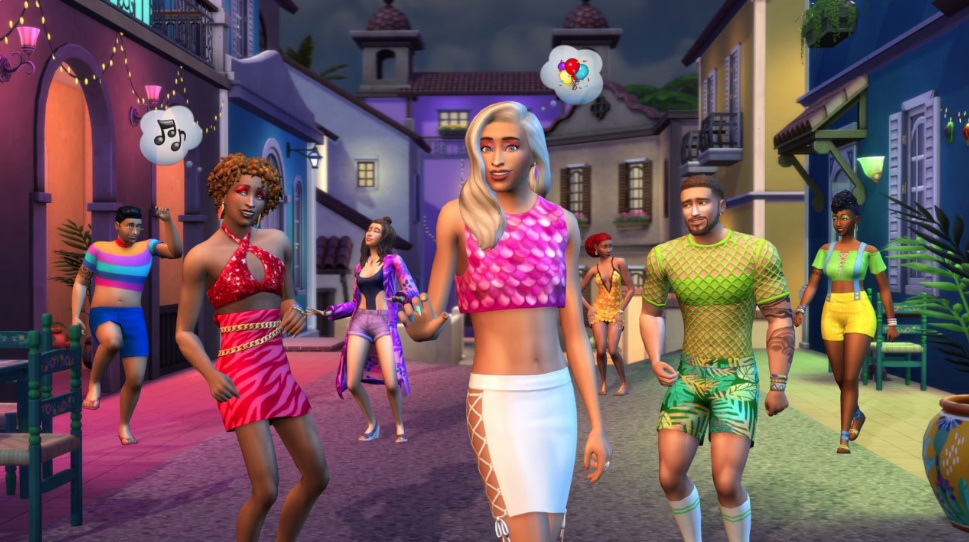 Sims wearing vibrant Carnival Streetwear outfits in bold colours.