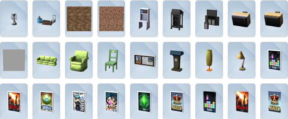 City Living Build/Buy objects including karaoke machine, bubble blower, and modern apartment furniture.