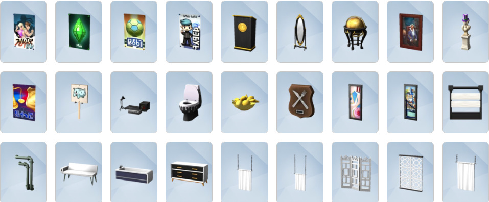 City Living Build/Buy objects including karaoke machine, bubble blower, and modern apartment furniture.