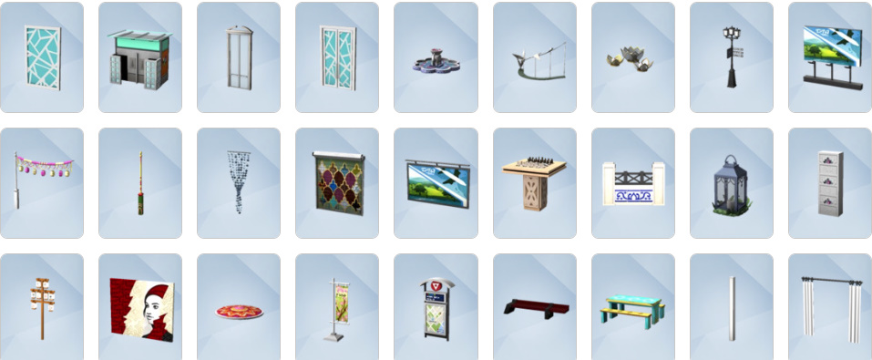 City Living Build/Buy objects including karaoke machine, bubble blower, and modern apartment furniture.