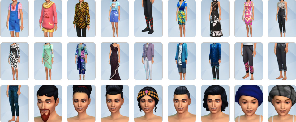 Sim wearing cultural City Living outfits with modern hairstyles in CAS.