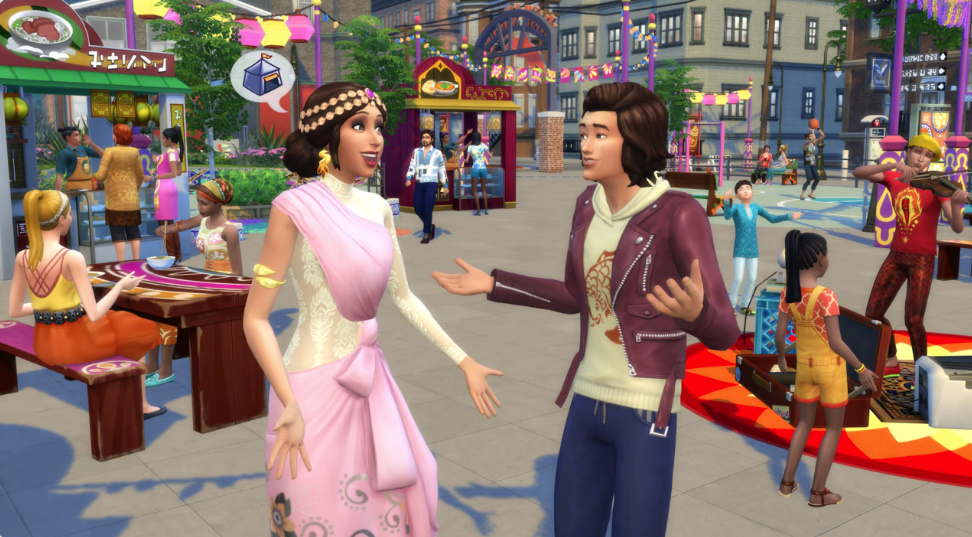 San Myshuno city skyline from The Sims 4: City Living with apartments, festivals, and Sims enjoying urban life.