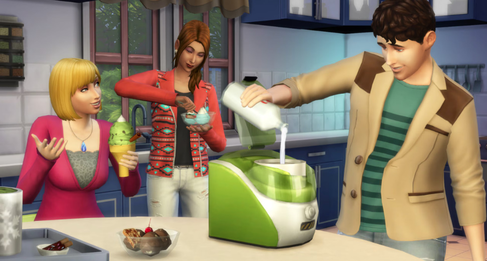 Sims enjoying ice cream in a sleek modern kitchen.